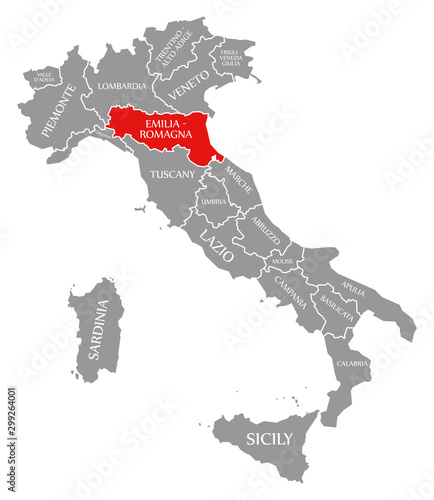 Emilia-Romagna red highlighted in map of Italy