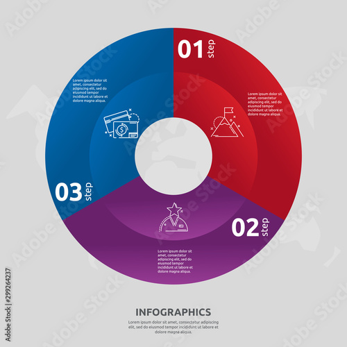 Vector flat template circle and sector infographics. Business concept with 3 sectors. Three steps for content, flowchart, timeline, levels, marketing, presentation, graph, diagrams, slideshow