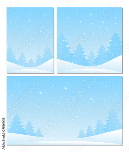 Winter landscape in a flat style. Set of New Year greeting cards with place for your text. Horizontal, vertical and square christmas background. Stock vector.