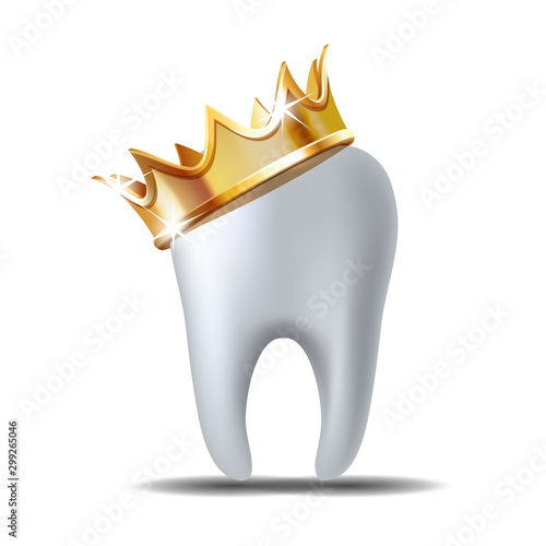 Realistic white Tooth in golden crown isolated on white