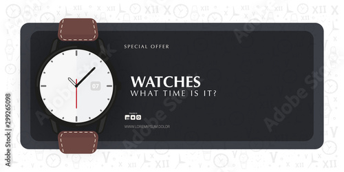 Watches Shop banner with hand draw doodle background.