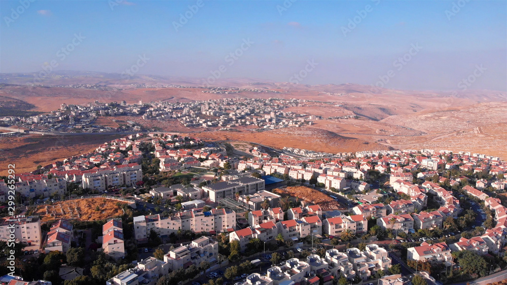 Drone mage over Judean Hills landscape With Israel and Palestine Towns