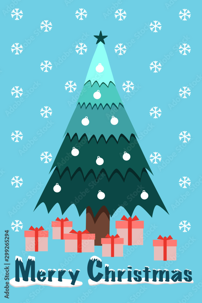 Christmas tree with boxes of gifts.  Vector color illustration. Holiday card design.