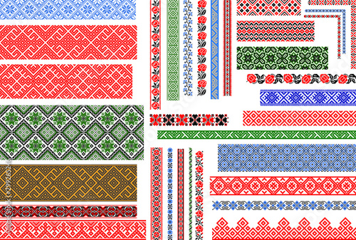 Set of editable Ukrainian traditional seamless ethnic patterns for embroidery stitch. Vintage floral and geometric ornaments.  photo