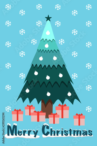 Christmas tree with boxes of gifts.  Vector color illustration. Holiday card design.