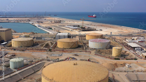Aerial footage over Fuel Tanks in the Middle east, Mediterranean sea, Israel 
