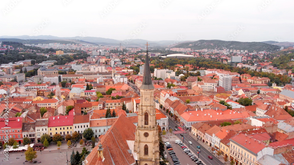 Aerial Image of Large Cross on top of church medieval tower in Romania