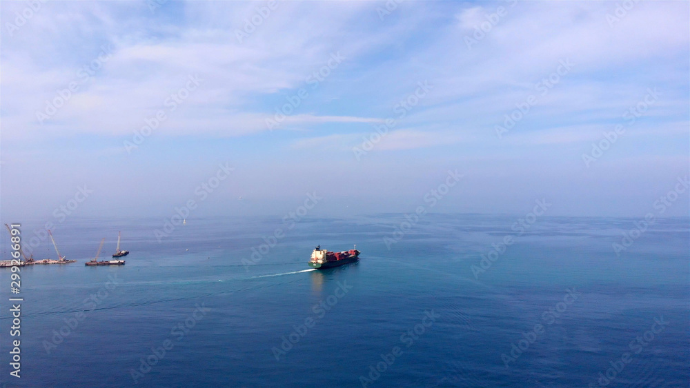 Drone Image of Cargo Tanker Sailing in Mediterranean Sea   Aerial view of Container Ship in Mediterranean water