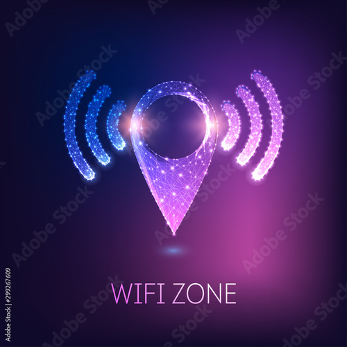 Futuristic glowing low polygonal GPS navigation symbol with wi-fi signals.