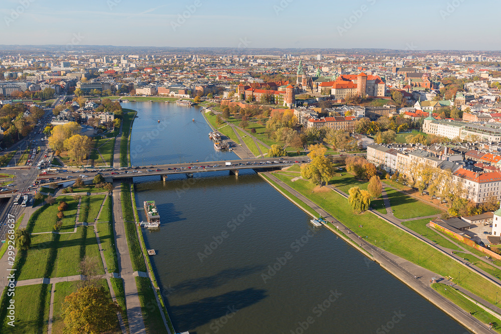 Aerial balloon view of the city, Wawel Royal Castle with Wawel Cathedral, Vistula River and Grunwald Bridge, Krakow, Poland