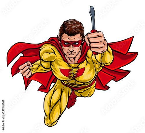 A super electrician or maintenance engineer hero superhero holding a screwdriver