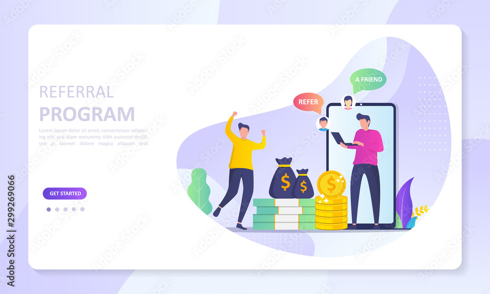 Refer A Friend Concept Design, People share info about referral and earn money. Suitable for web landing page, ui, mobile app, banner template. Vector Illustration Refer A Friend Concept Design, People share info about referral and earn money. Suitable for web landing page, ui, mobile app, banner template. Vector Illustration