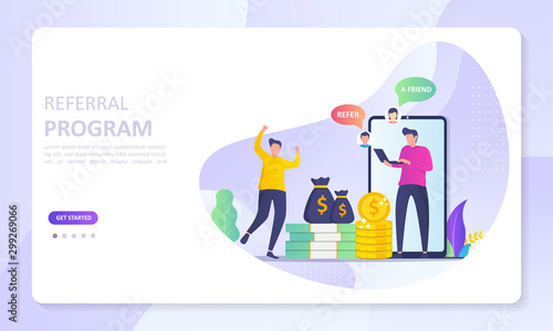 Refer A Friend Concept Design, People share info about referral and earn money. Suitable for web landing page, ui, mobile app, banner template. Vector Illustration