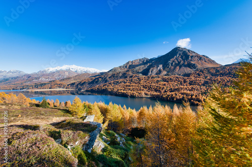 Typical autumn landscape of the Engadine valley on the Swiss Alps