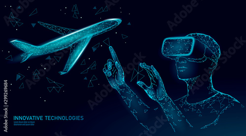 Airplane flying VR screen analysis. Flight up tourism journey virtual reality glasses. Transportation technology banner template. Low poly 3D vector illustration
