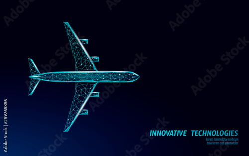 Airplane flying in a dark night sky. Flight up tourism journey symbol concept speed travel . Transportation technology banner template. Low poly 3D vector illustration