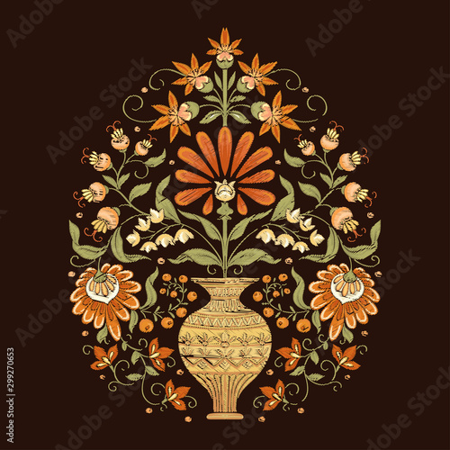 Tradition mughal motif, fantasy flowers in retro, vintage style. Element for design. Embroidery imitation Vector illustration. Isolated on black background
