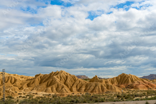 Eroded hills and canyons in the white ground of the Spanish semi-desert Bardenas Reales