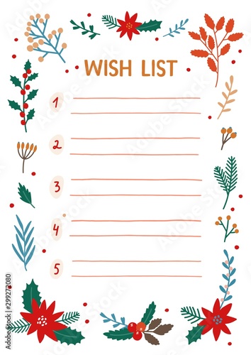 Xmas wish list flat vector illustration. Want list with numbers and floral ornaments. Christmas note to Santa. Winter holiday gift registry. Traditional festive message with doodle drawings.