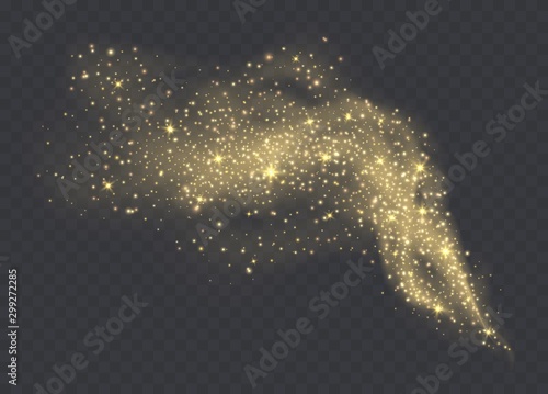 Golden dust cloud with sparkles isolated on transparent background. Stardust sparkling background. Glowing glitter smoke or splash. Vector illustration.