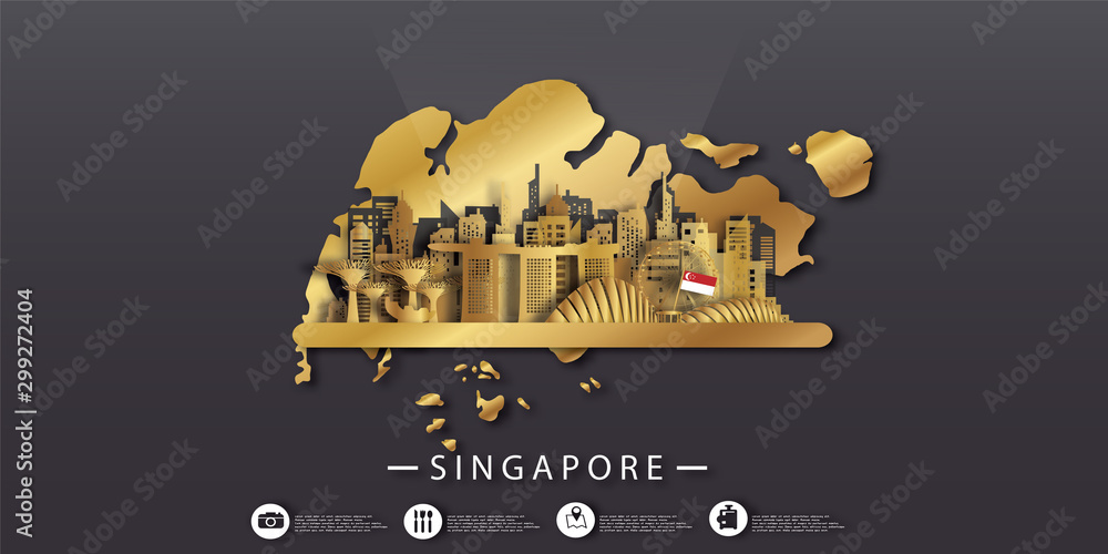 Singapore Gold Travel postcard panorama, poster, tour advertising of world famous landmarks of Singapore in paper cut style.