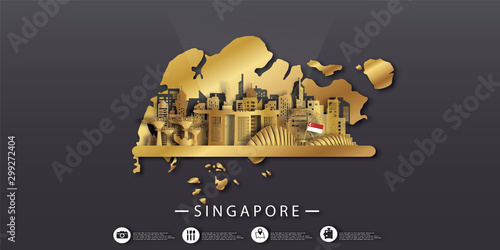Singapore Gold Travel postcard panorama, poster, tour advertising of world famous landmarks of Singapore in paper cut style.
