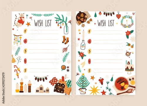 Christmas wish list hand drawn vector illustration. Blank want lists with doodle frame. Xmas letters to Santa Claus with place for text. Traditional winter holiday message. New Year celebration.