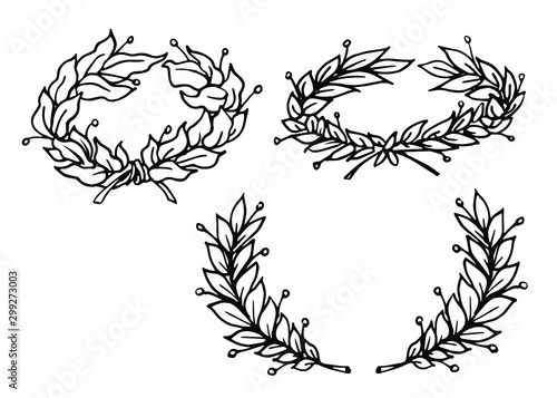 set of Laurel branches tied in a wreath as a symbol of glory and victory vector illustration with black lines in hand drawn style isolated on white background