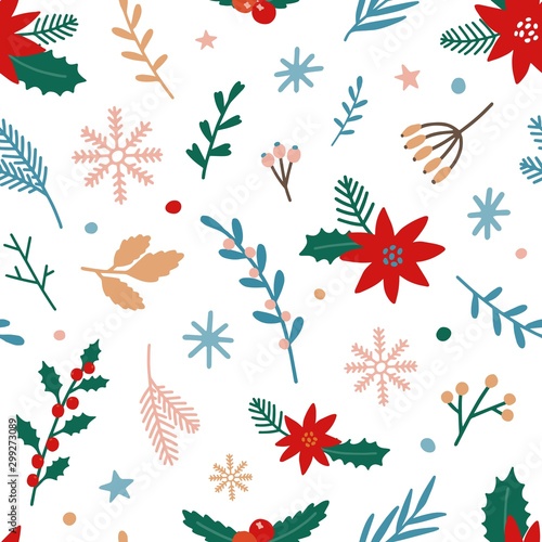 Traditional Xmas plants flat vector seamless pattern. Mistletoe, poinsettia, winterberry on white background. Christmas flowers, branches, berries backdrop. Wallpaper, textile, wrapping paper design.