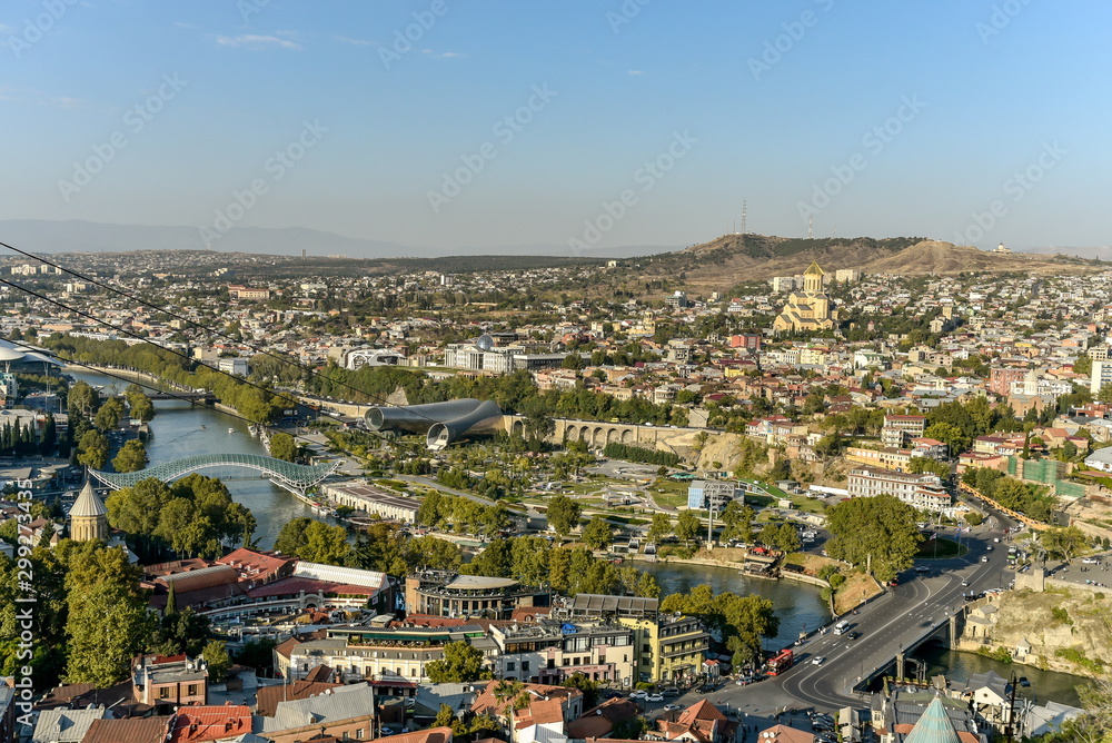 Obraz premium Old Tbilisi, Tbilisi, Georgia, October 17, 2019, Arial view of Tbilisi from Medieval castle of Narikala and Tbilisi city overview, Republic of Georgia, Caucasus region