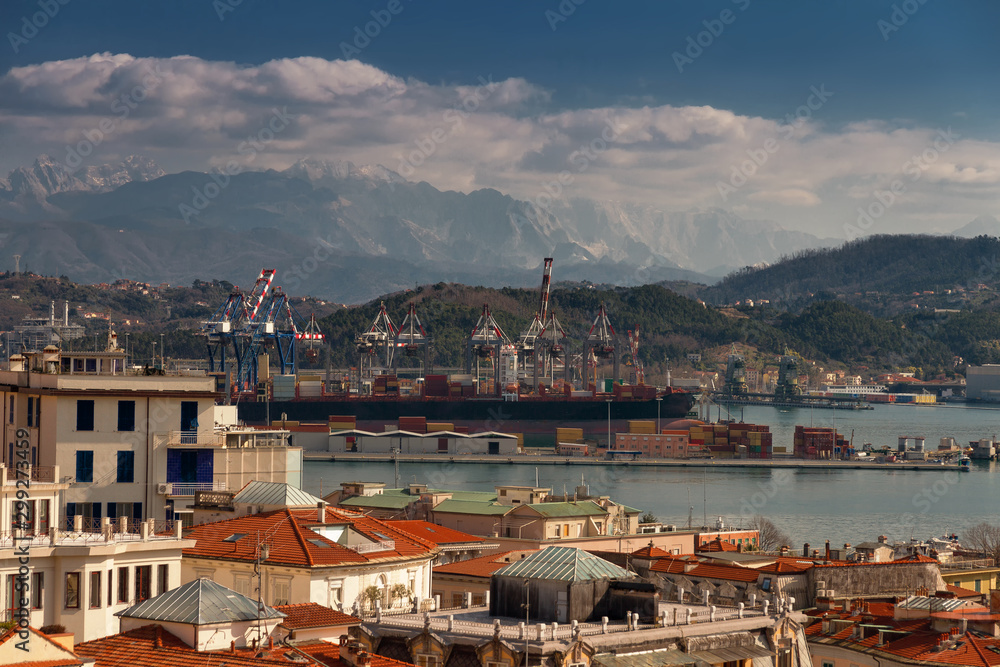 cargo seaport in the Ligurian Sea, bay of poets in the city of La Spezia, Italy