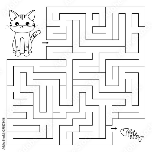 Coloring page for kids cute kawaii cat. Maze game. Help the kitten find right way to fish bone.