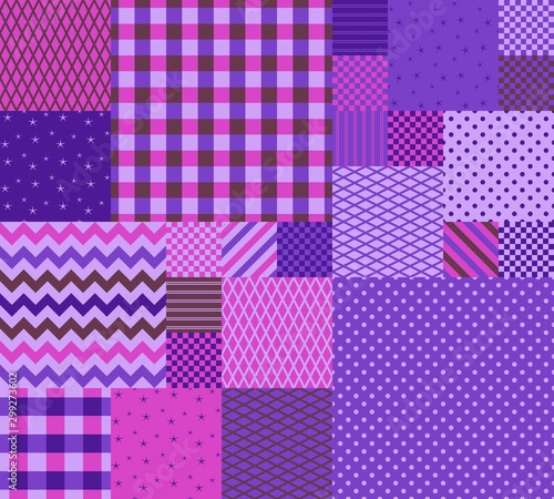 Patchwork pattern with geometric ornaments in purple colors. Seamless print. Quilting design of plaid or blanket.