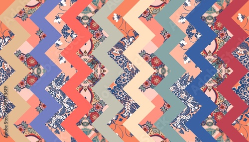 Colorful summer patchwork from zigzag patches. Beautiful seamless chevron pattern.