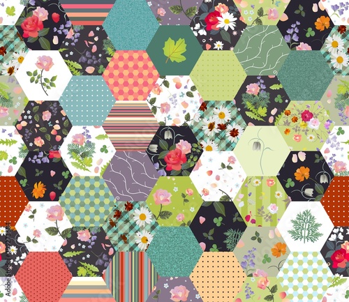 Beautiful seamless patchwork pattern from patches with floral and geometric ornaments. Quilting design. © Happy Dragon
