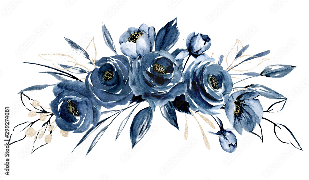 Navy blue flowers watercolor, floral clip art. Bouquet roses perfectly for printing design on invitations, cards, wall art and other. Arrangement isolated on white background. Hand painting.  - obrazy, fototapety, plakaty 