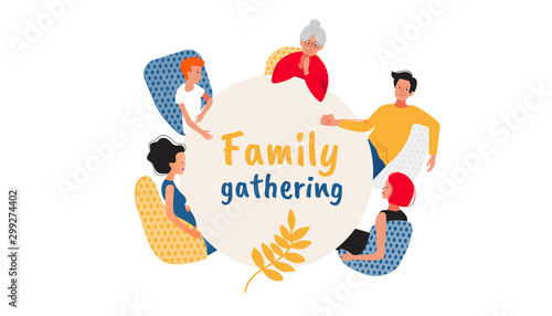 Family gathering. Happy Thanksgiving quote. Thanksgiving or Christmas dinner with extended family. Family celebrating holiday together. Flat cartoon style design vector illustration.