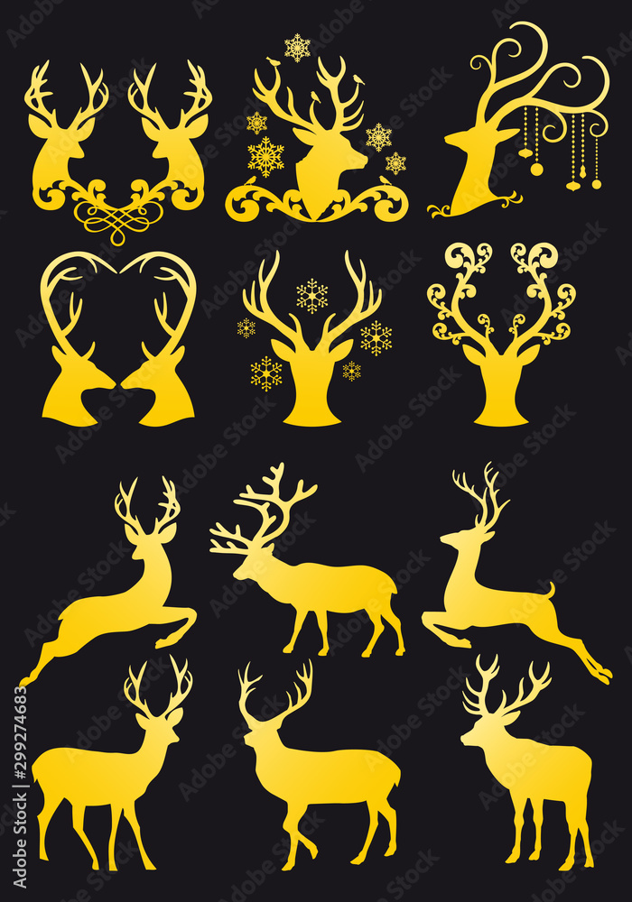 Fototapeta premium Gold Christmas deer heads, golden reindeer, vector set