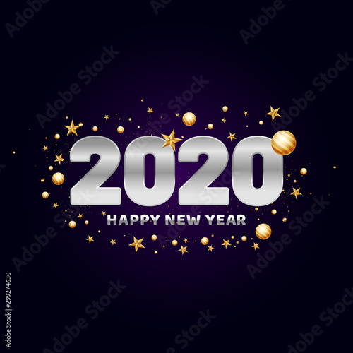 2020 Happy New Year text decorated with golden baubles and stars on purple background can be used as greeting card design.