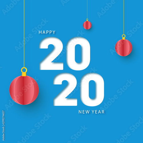 White text 2020 Happy New Year and hanging origami paper baubles decorated on blue background.