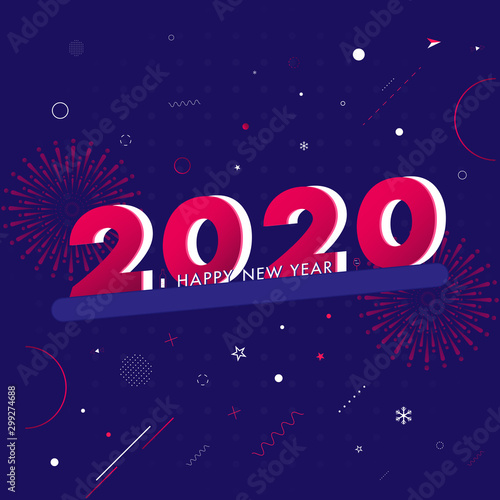 3D text 2020 and abstract elements on purple background for Happy New Year celebration. Can be used as greeting card design.