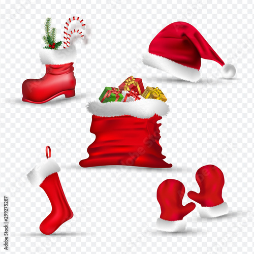 Santa clothes like as gloves, sock, hat, boot and gift sack on png background.