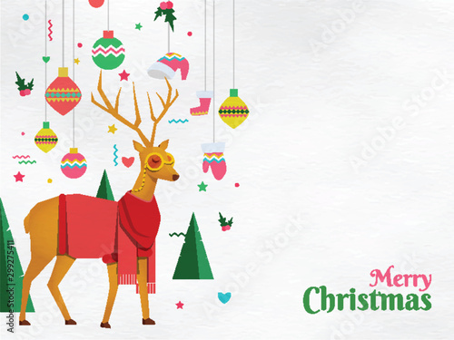 Flat style festival elements like as hanging bauble, santa clothes, xmas tree and reindeer character on white background for Merry Christmas celebration greeting card design.