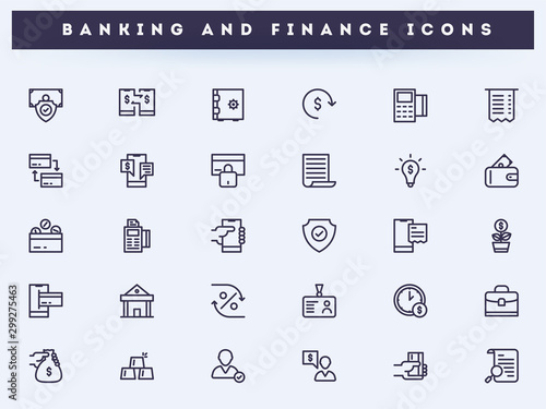 Banking and Finance icon set in line art.