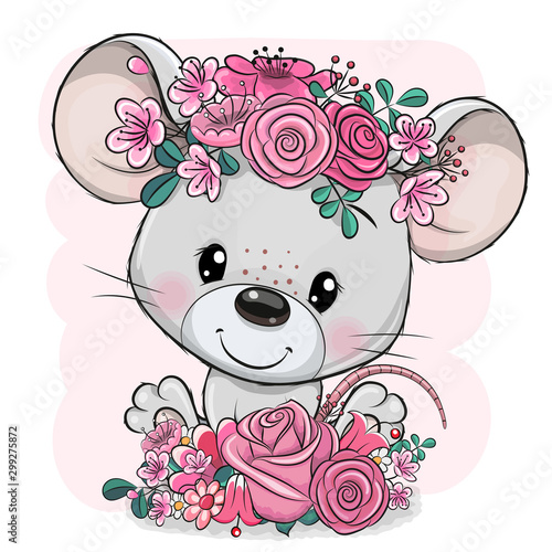 Fototapeta Naklejka Na Ścianę i Meble -  Cartoon Mouse with flowers on a pink background