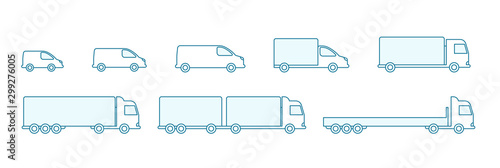 Delivery truck size set. Cargo transportation variation options. Shipping. Silhouette Infographic. Blue line flat vector icons.