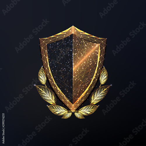 Futuristic glowing low polygonal check mark with green leaf isolated on dark blue background.
