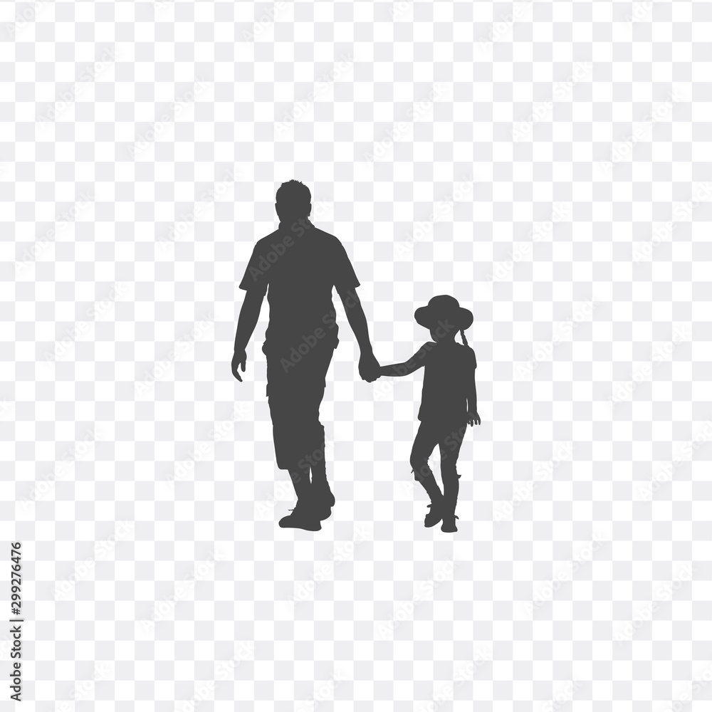 Walking father and daughter baby girl together, silhouette vector. Fathers day celebration. Stock Vector illustration isolated on white background.