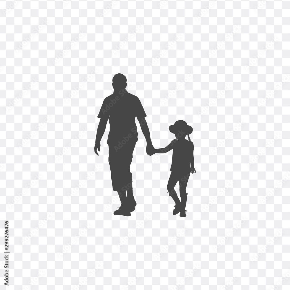 Walking father and daughter baby girl together, silhouette vector. Fathers day celebration. Stock Vector illustration isolated on white background. Walking father and daughter baby girl together, silhouette vector. Fathers day celebration. Stock Vector illustration isolated on white background.