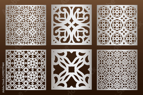 Laser cut panel set in arabic style, cabinet fretwork perforated screen templates . Ornamental panels template set for cutting exterior. Silhouette geometric pattern. Metal, paper or wood carving.